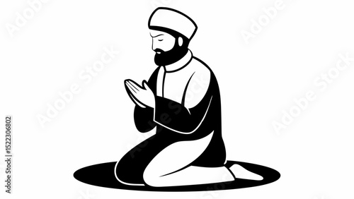 Man with beard praying on his knees in black and white halloween, vector, silhouette,  illustration, horizontal, isolated assets,