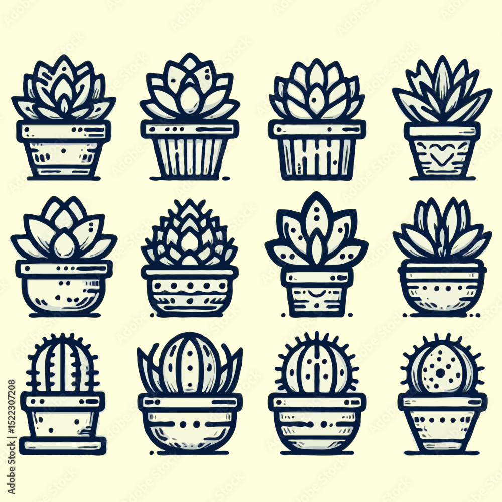 Collection of hand-drawn potted plants and cacti in various styles Collection of hand-drawn potted plants and cacti in various styles