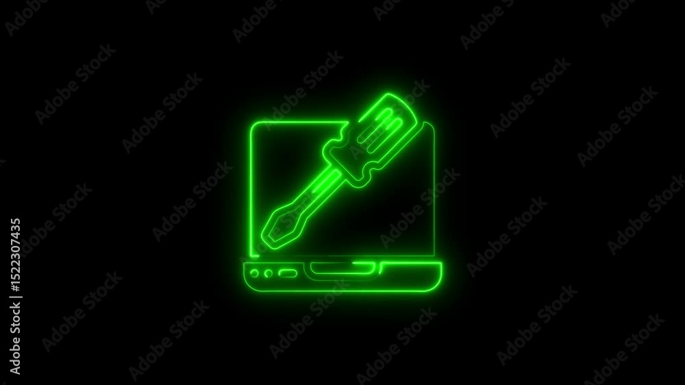 Neon green computer repair icon with screwdriver isolated on black background Neon green computer repair icon with screwdriver isolated on black background
