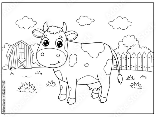 cow cartoon outline for coloring page, paper a4 printable, vector line art black and white illustration, white background
