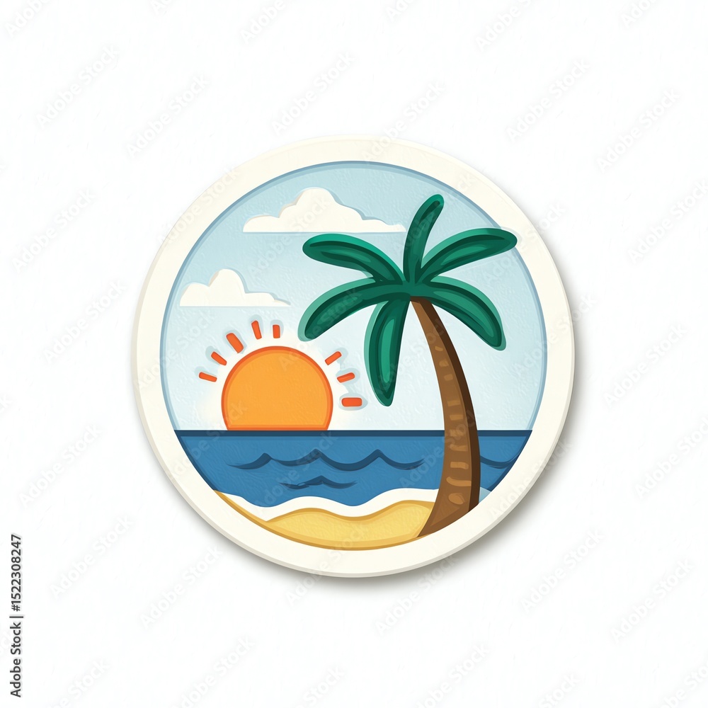Fototapeta premium Palm Tree Silhouette at Sunset Over Calm Ocean Waves, Sandy Beach