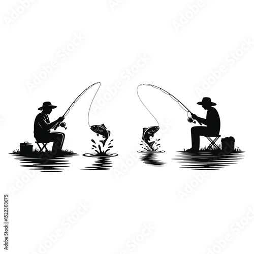 Fishing Man Silhouette Catching Fish Jumping Out of Water in Flat Vector Style
