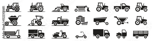 Black Silhouette Farming Vehicles and Equipment Icon Set