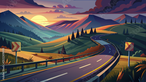 A dusky rural road curves through rolling hills. The close-up barrier reflects fading light. Caution remains while nature settles, and mountains bask in twilight’s gentle embrace.

