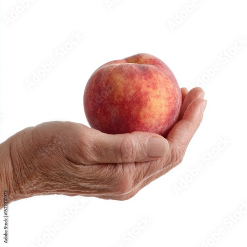 A wizened hand cradling a succulent peach, symbolizing harvest abundance and Rosh Hashanah renewal, echoing timeless prosperity