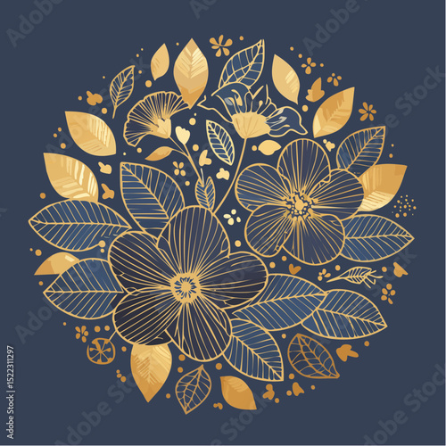 Elegant floral design with gold and navy blue elements arranged in a circular composition, ideal for decorative purposes and artistic projects.
