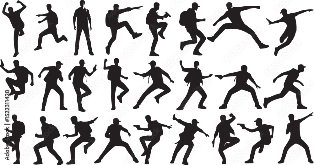 Dynamic Man in Action Black Silhouettes, Vector Style