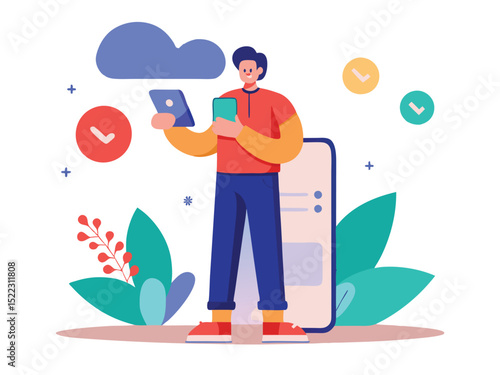 Man using mobile devices cloud computing technology vector