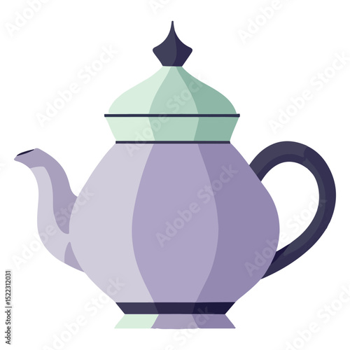 An illustration of a purple  green teapot with a curved handle spout  lid