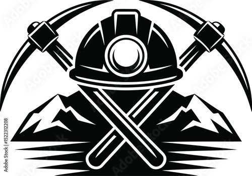 "Mining Helmet with Crossed Pickaxes and Mountain Landscape - Industrial Vector Logo"