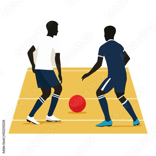 flat design of Two soccer players facing each other on a pitch with a red soccer ball between them