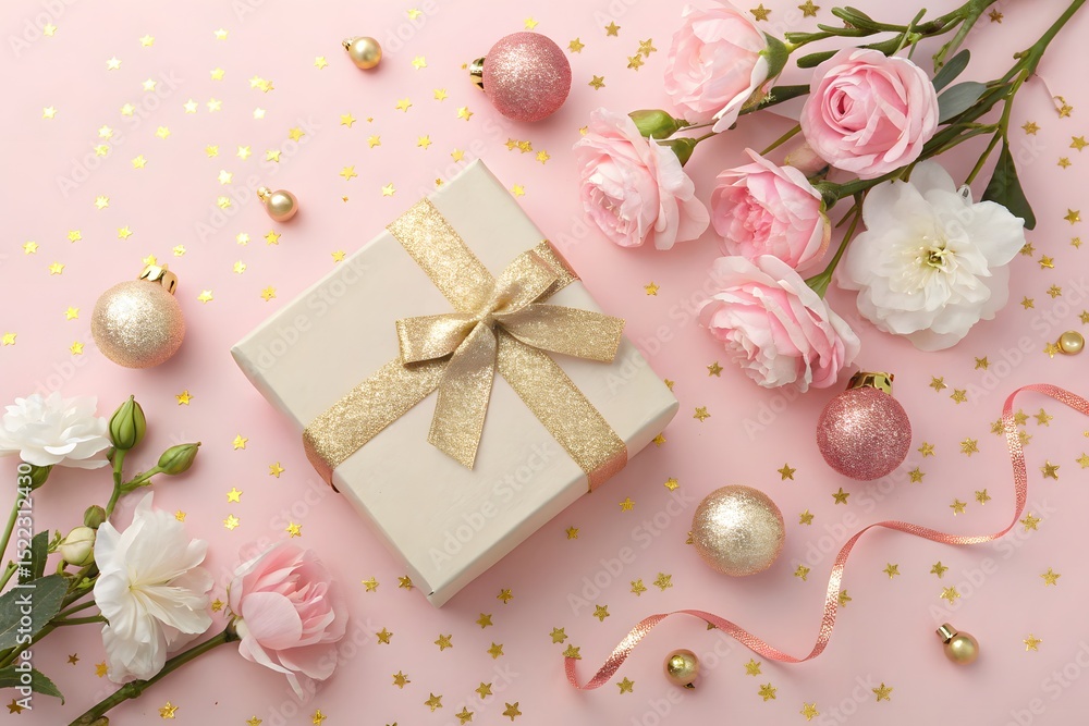 Elegant Pink Flat Lay with Gift Box, Flowers, and Glitter Ornaments for Celebration Elegant Pink Flat Lay with Gift Box, Flowers, and Glitter Ornaments for Celebration