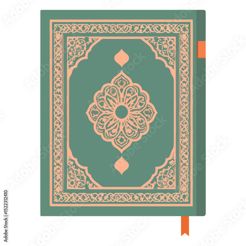 An illustration of a closed greencovered book with an intricate ornate peachypink Islamic style design on the cover and two orange bookmarks