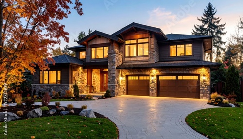 An opulent craftsman style house with stone accents and warm interior lights glows amidst a manicured lawn du a vibrant autumn sunset casting long shadows.