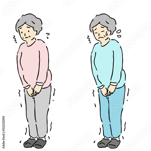 illustration set of senior woman holding her urine