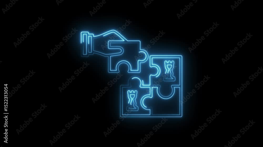 Hand placing last puzzle piece with chess rook symbol neon style animation Hand placing last puzzle piece with chess rook symbol neon style animation