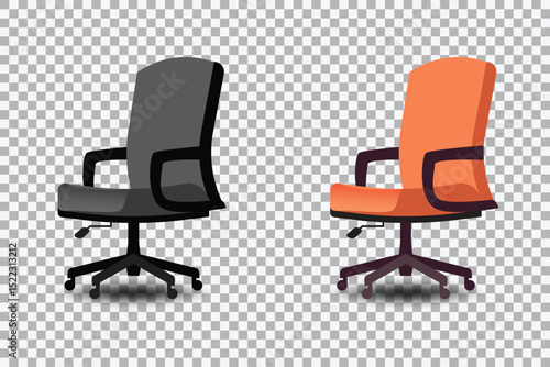 Modern office chairs, black and orange, isolated on transparent background