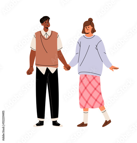 Cute interracial couple holds hands. Diverse lovers in romantic relationships love each other. Happy friends standing together. International friendship. Flat isolated vector illustration on white