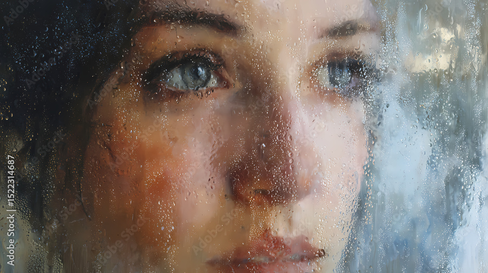 Fototapeta premium modern art catalog feature | exposure and concealment | quiet vulnerability | misty neutrals | flattened depth perspective | half-submerged view | droplet masking | layered glazing | post-bathroom