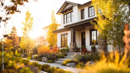 Wallpaper Mural Modern suburban home with clean lines in golden light, conveying serene contemporary living Torontodigital.ca