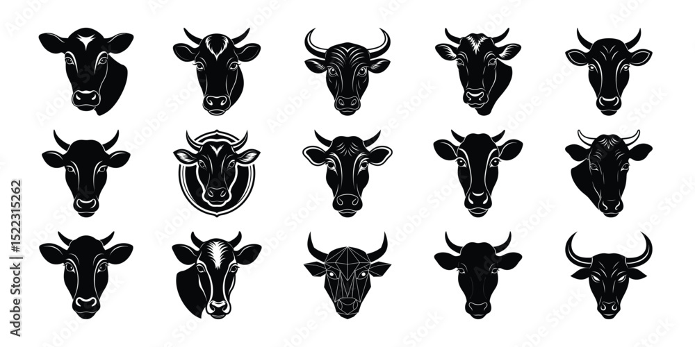 Fototapeta premium Farm Animal Silhouette Set – Bull and Cow Face Vectors for Livestock Logo and Ranch Decor