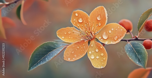 Autumn Dewdrops on a Blossom: An exquisite close-up captures a vibrant, petal-rich flower glistening with dewdrops, nestled among the rich hues of autumn foliage.