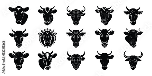 Farm Animal Silhouette Set – Bull and Cow Face Vectors for Livestock Logo and Ranch Decor
