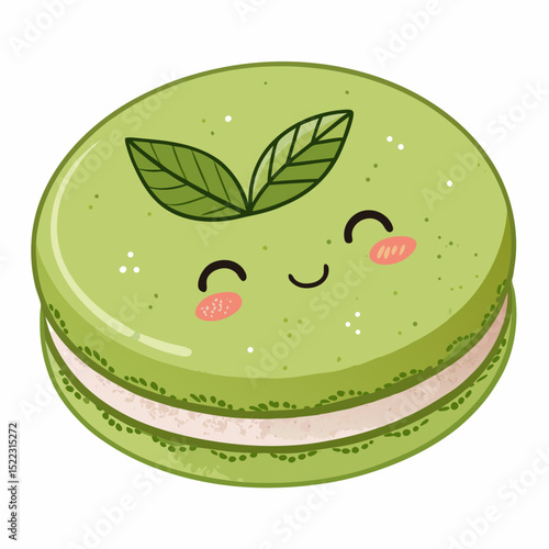 Kawaii Green Macaron Dessert Character Cartoon Style