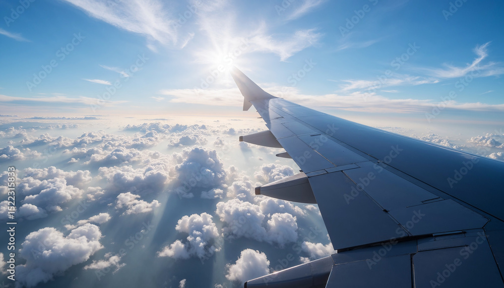 Obraz premium Airplane Wing Above Clouds with Bright Sunlight for Travel Blogs, Adventure Websites, Aviation Content, Scenic Views, and Travel Inspiration 