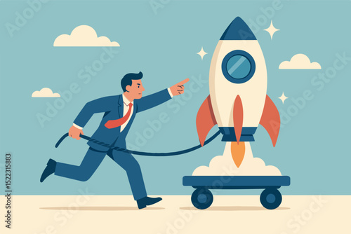 Entrepreneur initiative idea, ambition to push effort to success, start new business or company with creativity development, innovation or invention concept, businessman pull new creative rocket.
