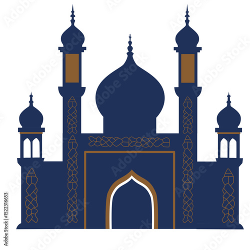  A minimalist blue mosque illustration with turrets and a dome, representing Islamic architecture and spirituality in a clean, simple design.

