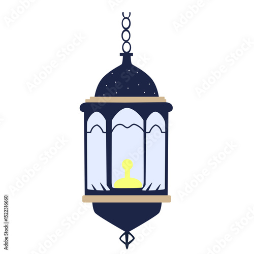 A minimalist lantern illustration with a yellow light, ideal for Ramadan decoration, symbolizing light and spiritual celebration in a simple design.

