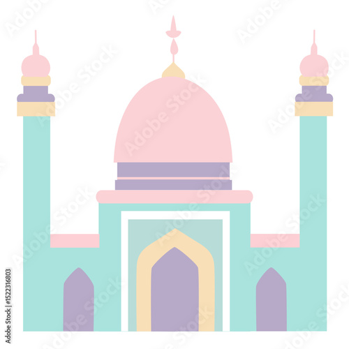 A soft pastel-colored illustration of an Islamic mosque with a dome, turrets, and minimal design, representing spiritual and cultural architecture.