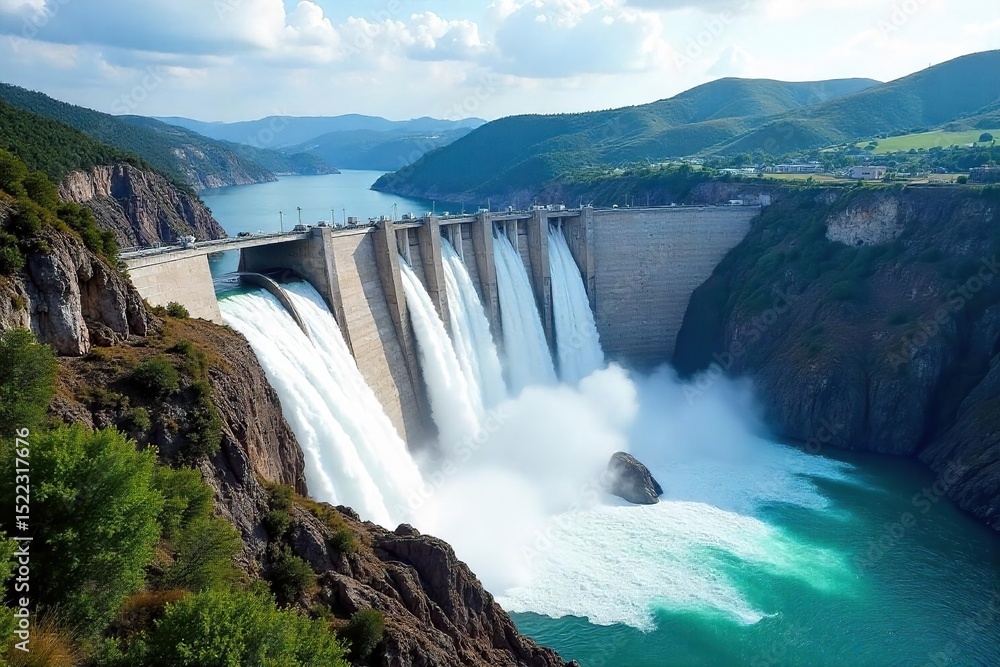 Massive hydroelectric dam generating clean energy, water cascading down, powerful turbines humming, impressive engineering feat, scenic landscape , water flow, lake, industrial Massive hydroelectric dam generating clean energy, water cascading down, powerful turbines humming, impressive engineering feat, scenic landscape , water flow, lake, industrial
