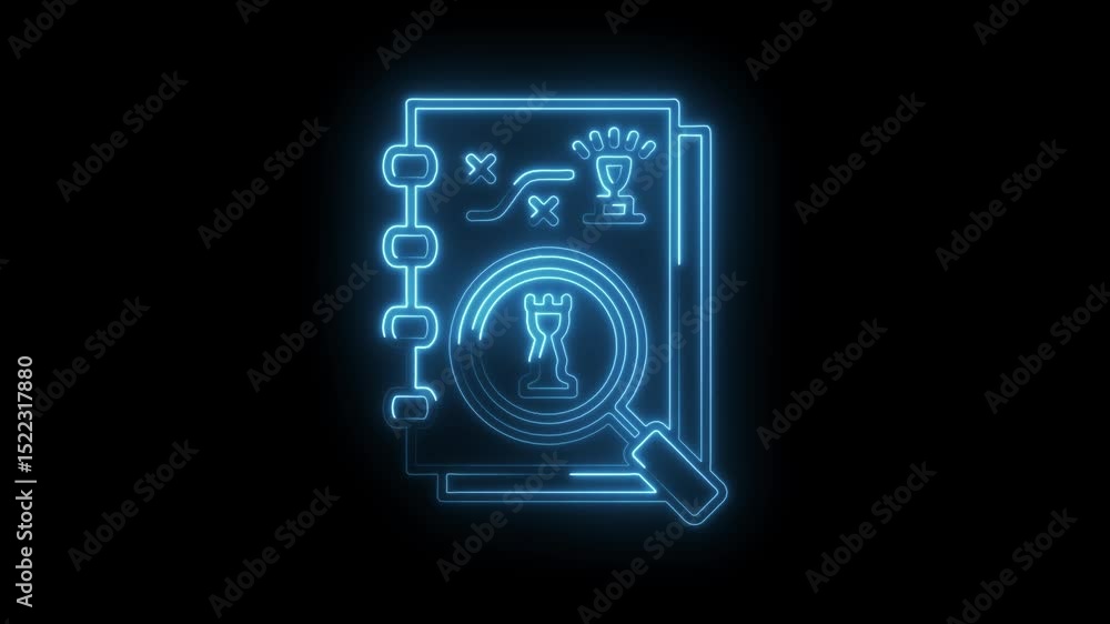 Neon business strategy playbook featuring chess piece under magnifying glass animated on black background Neon business strategy playbook featuring chess piece under magnifying glass animated on black background