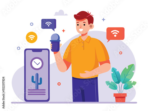 Mobile podcasting man with microphone and wifi connection
