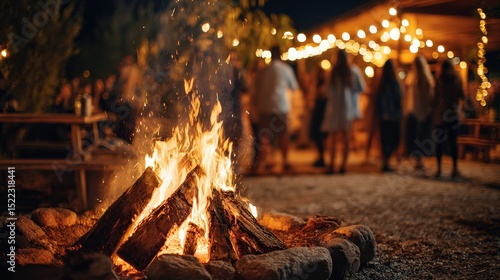 A cozy outdoor bonfire gathering with people and string lights, creating a warm, festive evening atmosphere.