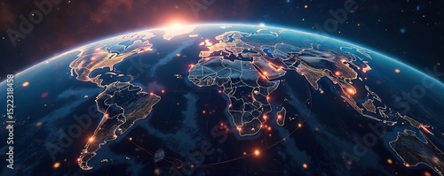 High-angle, satellite view of planet Earth with glowing GPS network lines illustrating global positioning and navigation Perfect for technology, mapping, and travel concepts , navigation, lines