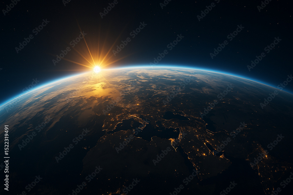 Obraz premium A high-resolution digital image in 8K resolution depicts Earth from space as the sun rises over the horizon. 