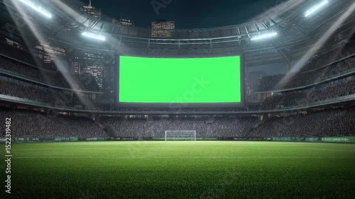 A large green screen scoreboard LED in stands of a crowded soccer arena stadium with light flashes for advertisement seamless looping animation background