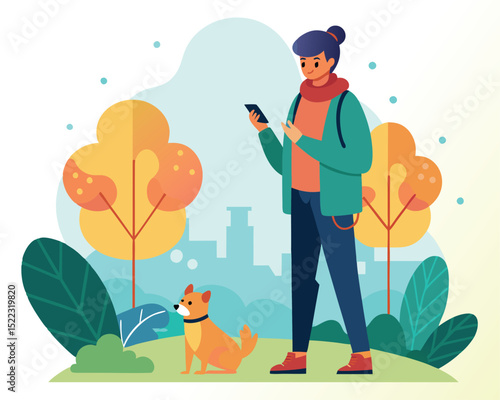 Woman walking dog in park using phone cartoon illustration