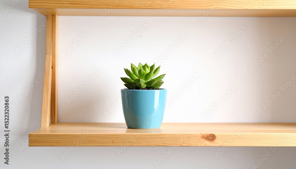 Fototapeta premium Succulent in a Teal Pot on Wooden Shelves