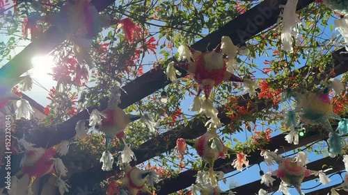 Decorative Pinatas Hanging In A Outdoor Garden On A Sunny Summer Day, Close Up Shot.