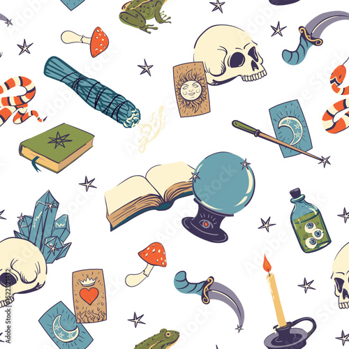 Seamless vector pattern for Halloween. Various items for witchcraft, fortune telling and occultism. Crystal ball, skull, ritual knife, magic wand, tarot cards, snake and grimoire with spells.