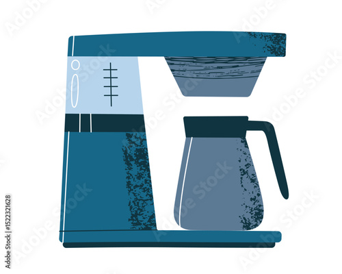 Flat cartoon of drip coffee machine with carafe. Home coffee brewing vector illustration, kitchen appliance icon, hot drink preparation, caffeine routine, daily ritual, cafe textured doodle