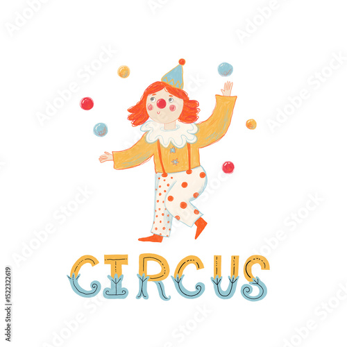 Bright and cheerful circus-themed poster for a children's room. Designed in a playful cartoon style with vibrant colors, soft shapes, and friendly characters. Perfect for nursery decor, playroom wall 