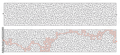 Long Maze Puzzle with Solution – 20x100 Grid Vector Labyrinth Template. Extra long rectangular maze puzzle with solution included.