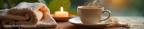 Close-up of a steaming mug of herbal tea, next to soft, fluffy towels and a lit candle, creating a cozy and relaxing atmosphere perfect for a spa day at home , tea, spa, herbal tea