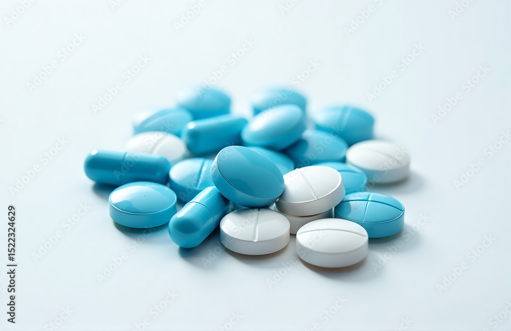pile various medications including blue capsules tablets neat arrangement clean white pile various medications including blue capsules tablets neat arrangement clean white