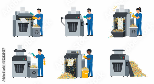 Workers Destroying Confidential Documents in Shredders for Data Protection and Privacy